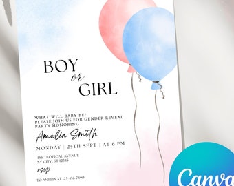 Balloons Gender Reveal Invitation Template, Pink and Blue (Canva Digital Download)