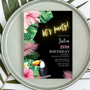 Editable Tropical Birthday Invitation Tropical Party Havana Hawaii Invitation Printable Template Jungle Birthday Party Invite Canva Template