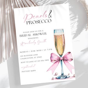 Editable Pearls & Prosecco Pink Bow Bridal Shower Invitation Champagne Glass Bridal Wedding Shower Invite, Canva Template