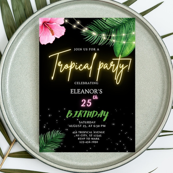 Editable Tropical Birthday Invitation Tropical Party Havana Hawaii Invitation Printable Template Adult Birthday Party Invite Canva Template