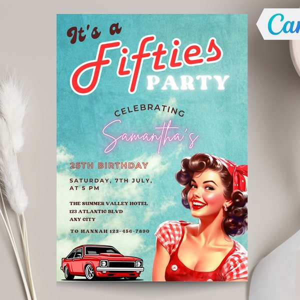 Editable Fifties Birthday Party Invitation, Pin Up Style Party Invite, Retro 50s Birthday Invitation Template, Any Age, Print or Text