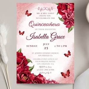 Red Floral Roses Butterflies Quinceañera Invitation Editable Template Mis Quince 15 XV Anos 16th Birthday Invite Instant Download Printable