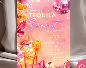 Tequila Sunrise Party Invitation, Summer Sunset, Editable Canva Template (Digital Download)