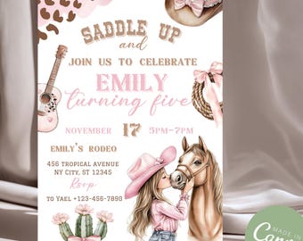 Pink Cowgirl Birthday Invitation, First Rodeo Party, Canva Template (Digital Download)