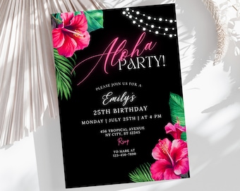 Aloha Birthday Invitation Template, Neon Tropical Party (Canva Template)