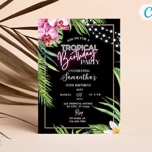 Tropical Birthday Party Invitation Template, Editable Hawaii Luau Party Invite, Print or Text, Canva Template, Instant Download