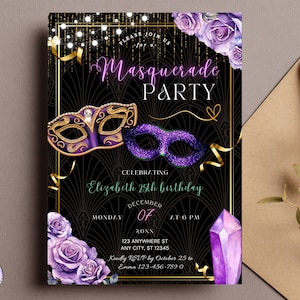 Masquerade Party Invitation, Editable Purple Roses and Gold Luxury Birthday Invite, Print or Text, Canva Template