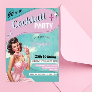 Pin Up Style Birthday Party Invitation, Cocktail Party Girls night out Invitation, Editable Retro Fifties Party Invite, Canva Template