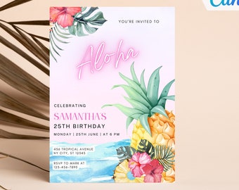 Aloha Birthday Invitation Template, Editable Hawaiian Birthday invitation, Tropical Luau Party Invite, Pineapple, Canva Template