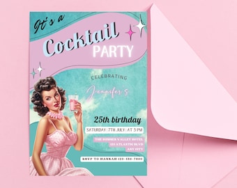 Pin Up Birthday Invitation, Retro Cocktail Party, Canva Template (Digital Download)