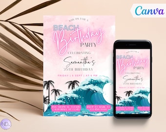 May include: A pink and blue beach birthday party invitation with a watercolor background. The invitation features a wave design with palm trees and the text "Join us for a Beach Birthday Party Celebrating Samantha's 25th Birthday Friday 6 Sept | At 6 PM 456 Tropical Avenue California ST 12345 RSVP to Mark at 123-456-7890"