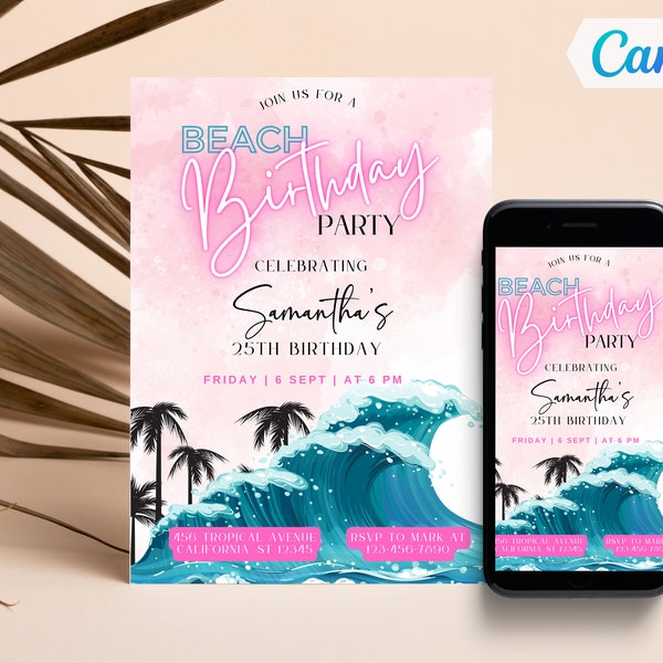 Invitation modifiable à une fête d’anniversaire sur la plage, Beach Party Evite, n’importe quel âge, impression ou texte, modèle Canva, téléchargement instantané