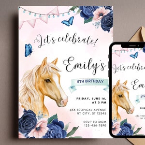 Editable Horse Birthday Invitation Girl Saddle Up Watercolor Cowgirl Party Horse Invite Pink Floral
