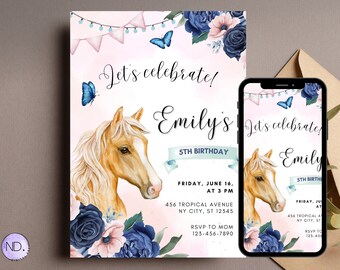Invitación de cumpleaños de caballo editable chica ensillar acuarela fiesta de vaquera caballo invitar floral rosa