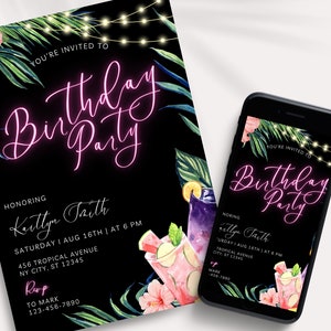 Colorful Tropical Birthday Invitation,  Editable Neon Tropical Party Invite, Editable Luau Hawaii Party, Canva Template