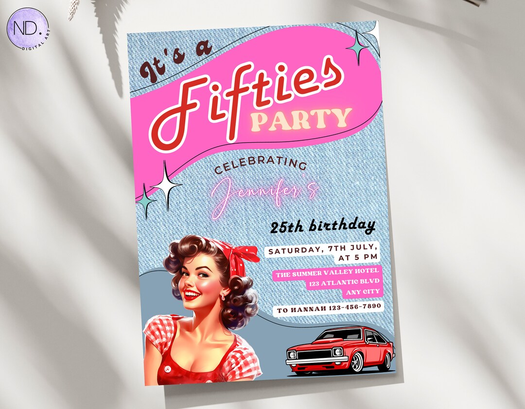 Editable Fifties Birthday Party Invitation, Pin up Style Party Invite ...