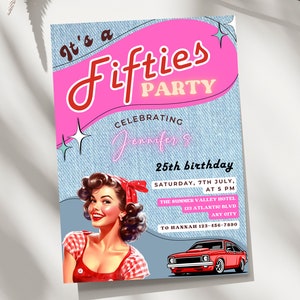 Editable Fifties Birthday Party Invitation, Pin Up Style Party Invite, 50s Themed Party Invitation Template, Print or Text