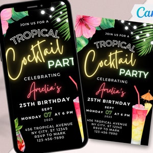 Modello di invito per cocktail party, biglietto di compleanno tropicale modificabile, invito per cocktail party al neon, qualsiasi età, modello Canva