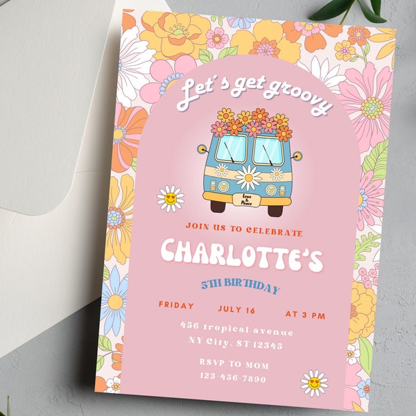 Hippie Birthday Invitation Template, Editable Retro Groovy Invite, Hippie 60s Party Invite, Any Age, Print or Text