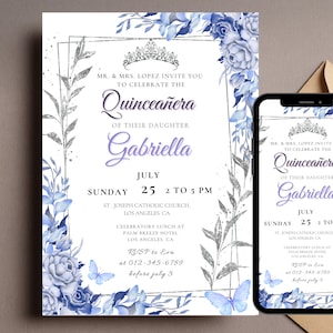 Blue Floral Silver Butterflies Quinceañera Invitation Editable Template Mis Quince 15 XV Anos 16th Birthday Invite, Print or Text