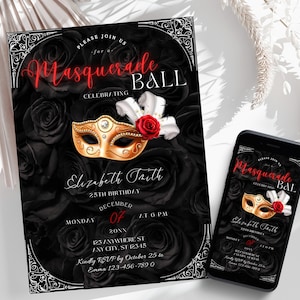 Editable Masquerade Ball Invitation, Printable Black and Red Roses, Luxury Mardi Gras Party Invite, Print or Text, Canva Template