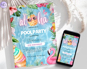 Pode incluir: Um convite para uma festa de piscina azul e rosa com um abacaxi usando óculos de sol e o texto "Aloha" e "Pool Party". O convite também apresenta um flutuador de flamingo rosa e cones de sorvete.