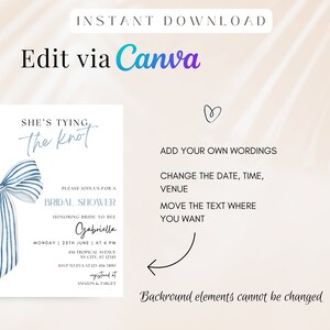 She's Tying the Knot Bridal Shower Invitation, Blue Watercolor Bow Bridal Shower Invite, Blue Ribbon Wedding Shower, Canva Template