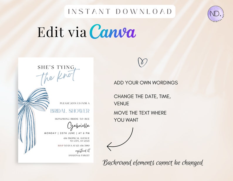 She's Tying the Knot Bridal Shower Invitation, Blue Watercolor Bow Bridal Shower Invite, Blue Ribbon Wedding Shower, Canva Template
