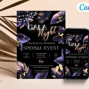 Könnte beinhalten: Eine schwarze und goldene Einladung zu einer Gala-Nacht. Die Einladung zeigt ein tropisches Thema mit Palmenblättern und goldenen Akzenten. Der Text auf der Einladung lautet "Gala Night" und "T.H.G Legal Co. 5th Annual Special Event".