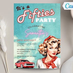 Pin Up Birthday Party Invitation, Editable Fifties Style Party Invite, Retro 50s Birthday Invitation Template, Any Age, Print or Text