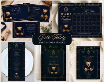 Polo Teddy Bear Baby Shower Bundle, Little Gentleman Plaid Decorations (Digital Download)