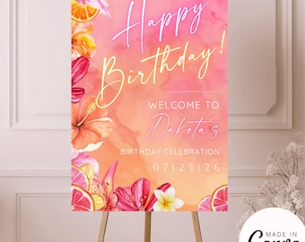 Panneau de bienvenue Tequila Sunrise, bannière de fête d'anniversaire rose orange ombré, modèle de toile éditable