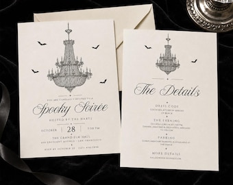 Spooky Soirée Chandelier Invitation | Editable Halloween Set, Canva Invite and Details Card
