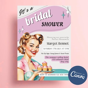 Editable Retro Housewife Bridal Shower Invitation Fifties Wedding Shower Invite, 1950s Pin Up Bridal Brunch Invitation Template