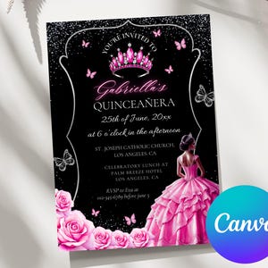 Fuchsia Black and Silver Quinceañera Invitation, Neon Pink Floral Butterfly Quinceanera Invitation, Princess Quince 16th Birthday Evite