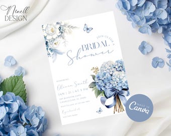 May include: A white bridal shower invitation with blue floral details, butterflies, and text. The invitation includes the text "Join us for a Bridal Shower" and event details. The design features a bouquet of blue hydrangeas and the text "Made in Canva".