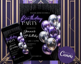 Purple Silver Balloons Birthday Invitation, Glam Party (Canva Template)