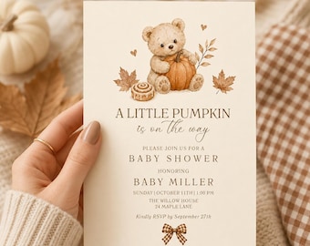 Fall Teddy Bear Baby Shower Invitation, Little Pumpkin Baby Shower Invite, Gender Neutral Autumn Editable Template