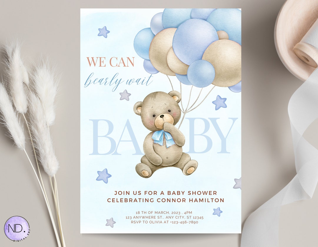 Editable Teddy Bear Balloon Baby Shower Invitation We Can Bearly Wait ...
