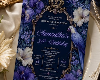 Regency Royal Birthday Invitation, Purple Floral Crown Template (Digital Download)