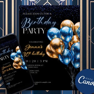 Royal Blue Birthday Invitation Blue and Gold Balloons Birthday Party Invite Digital Elegant Birthday Dinner Invite, Any Age, Canva Template