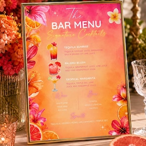 Carte des cocktails Tequila Sunrise, Carte des cocktails Tropical Ombre, Décoration pour une soirée au coucher du soleil (Téléchargement numérique)