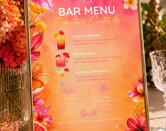 Tequila Sunrise Bar Menu, Tropical Ombre Cocktail Card, Sunset Party Decor (Digital Download)