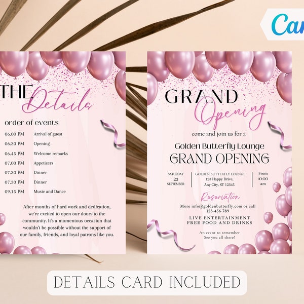 Editable Pink Balloons Grand Opening Invitation, Business Opening invitation, Launch Party Digital Invite, Details Card, Canva Template