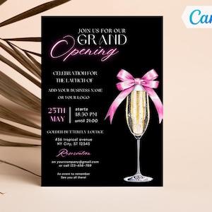 Editable Grand Opening Invitation Pink Champagne Coquette Bow Business Opening invite, Launch Party Flyer, Company Event Marketing Template