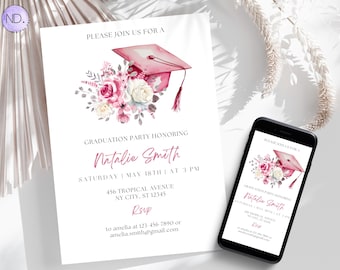 Floral Graduation Party Invitation, Pink, Canva Template (Digital Download)