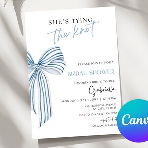 She's Tying the Knot Bridal Shower Invitation, Blue Watercolor Bow Bridal Shower Invite, Blue Ribbon Wedding Shower, Canva Template