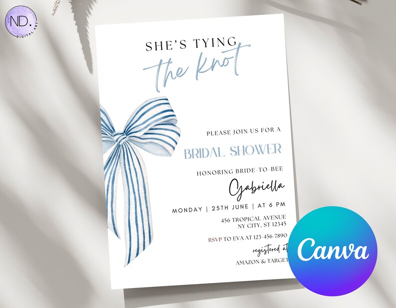 She's Tying the Knot Bridal Shower Invitation, Blue Watercolor Bow Bridal Shower Invite, Blue Ribbon Wedding Shower, Canva Template