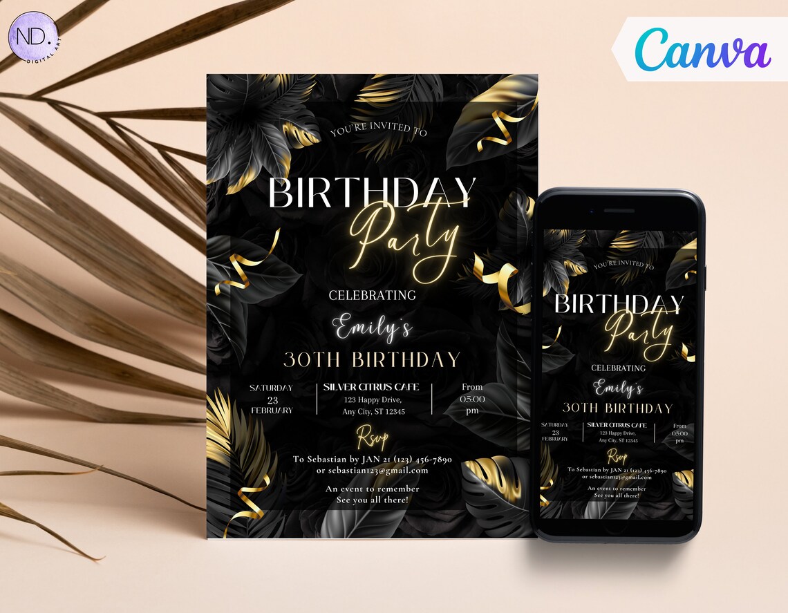 Black and Gold Birthday Party Invitation, Editable Glam Party Invite ...