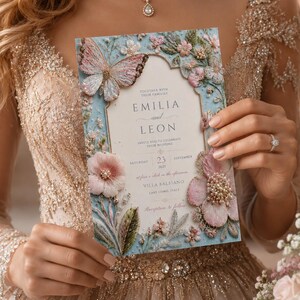 Premium high-quality editable butterfly wedding invitation featuring embroidered blush pink florals, delicate botanical details, pearl accents, and a soft powder blue background with an elegant gold arch frame. Luxury Canva template perfect for romantic, garden, spring, and elegant weddings.